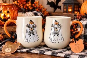 Creepy Critters Halloween Ghost Teddy Bear Pumpkin Coffee Mugs Set of 2 NWT